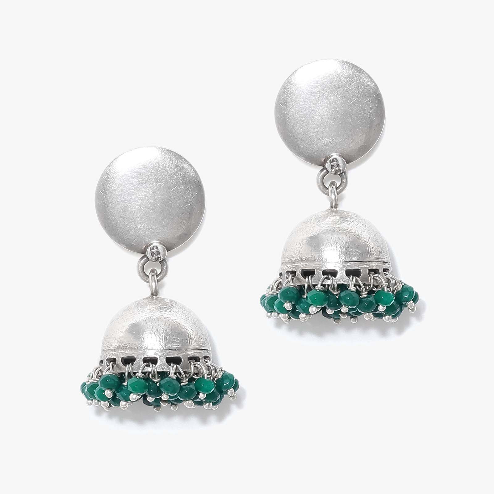 Green Beads Silver Jhumka Earrings - Tweov Jewels