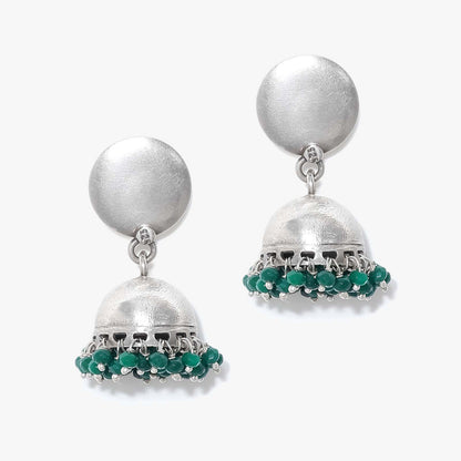 Green Beads Silver Jhumka Earrings - Tweov Jewels