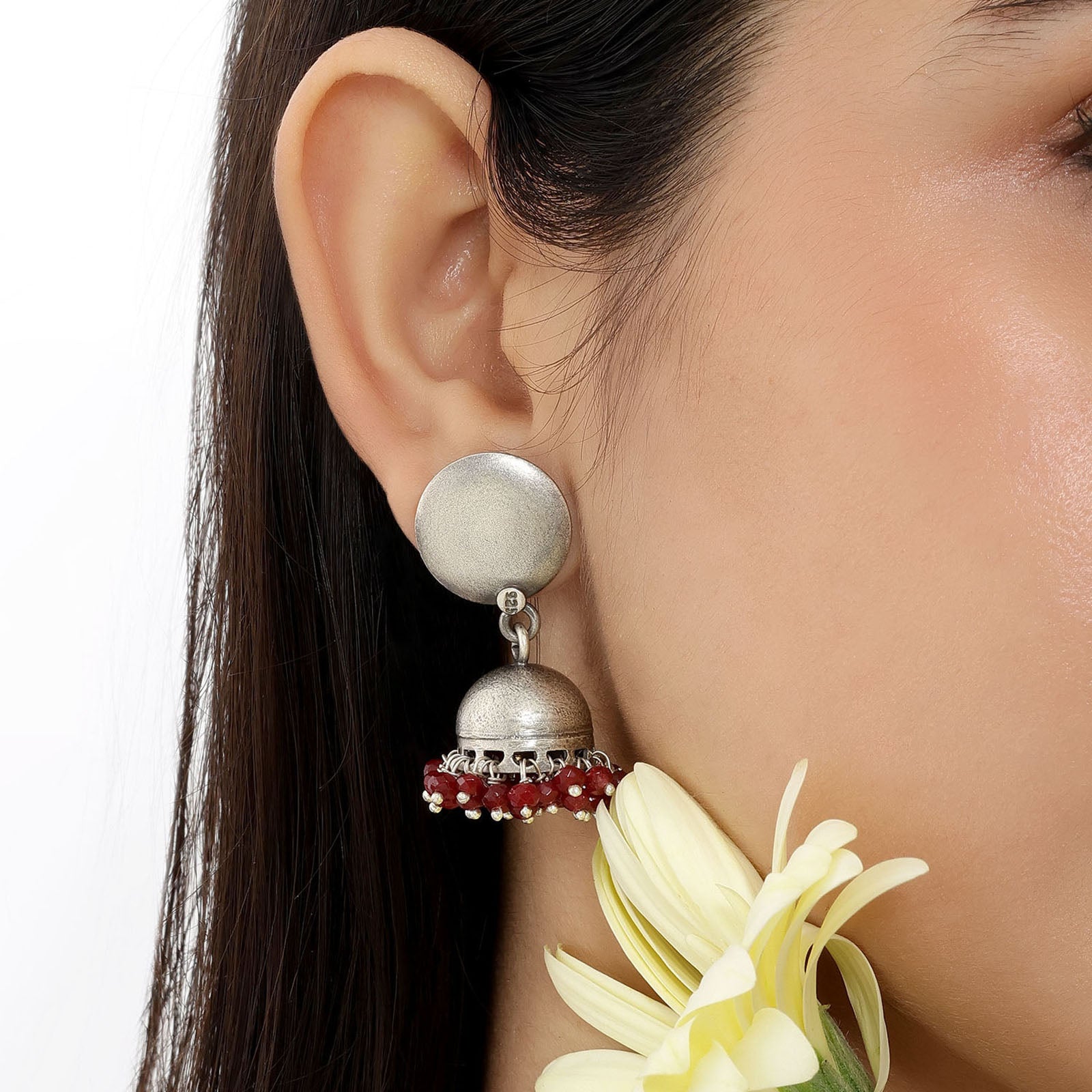 Traditional Red Beads Silver Jhumka Earrings - Tweov Jewels