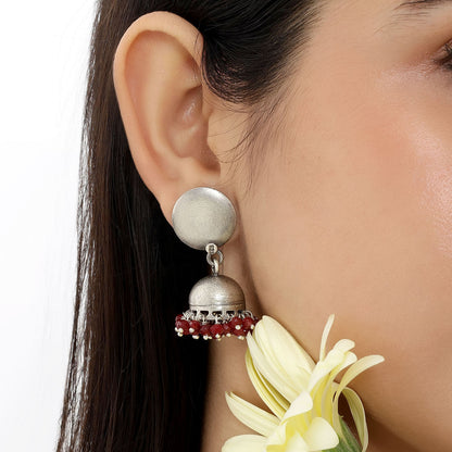 Traditional Red Beads Silver Jhumka Earrings - Tweov Jewels
