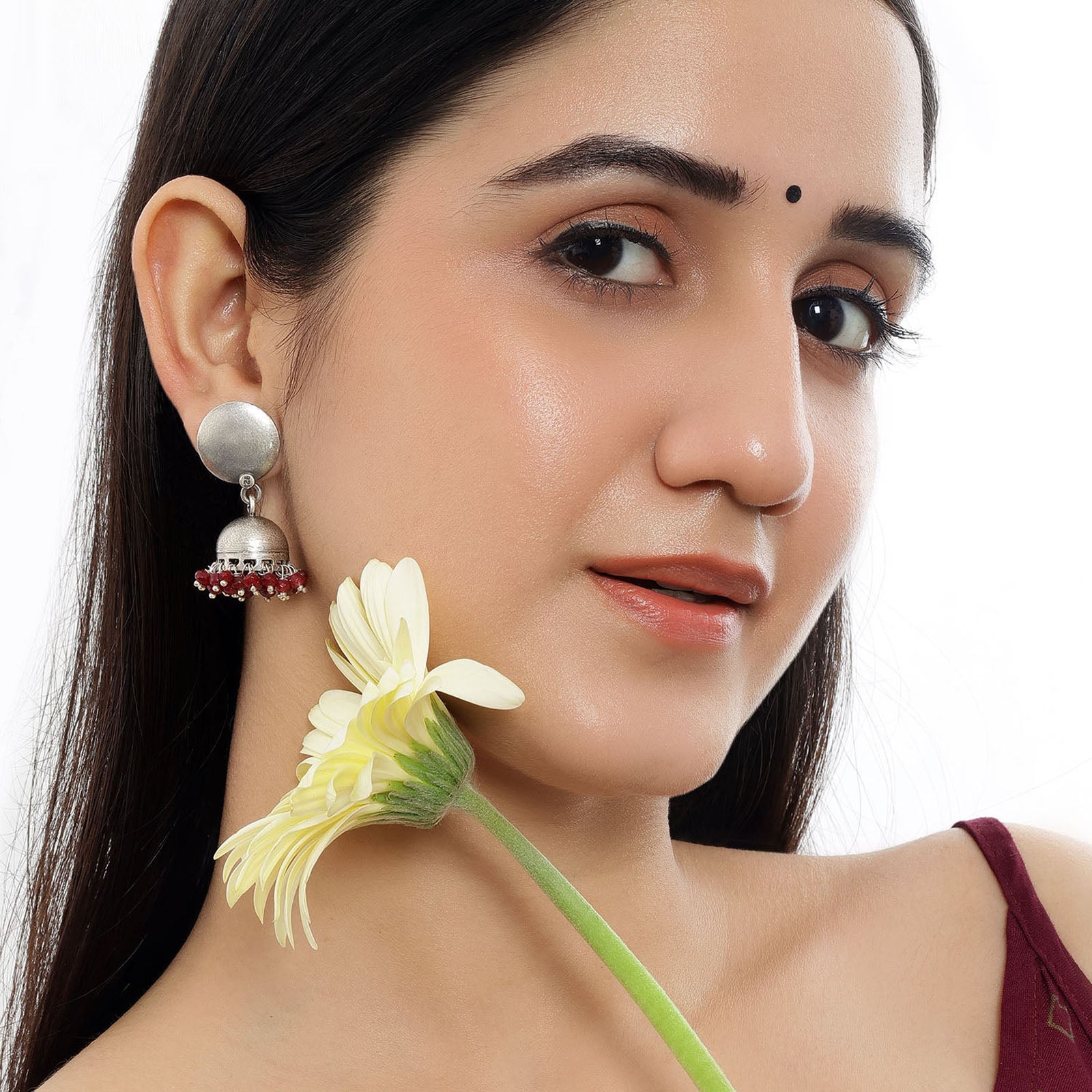 Traditional Red Beads Silver Jhumka Earrings - Tweov Jewels