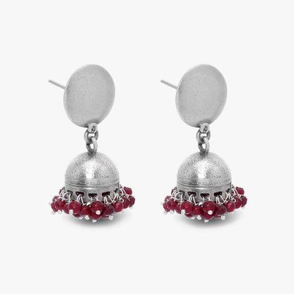 Traditional Red Beads Silver Jhumka Earrings - Tweov Jewels