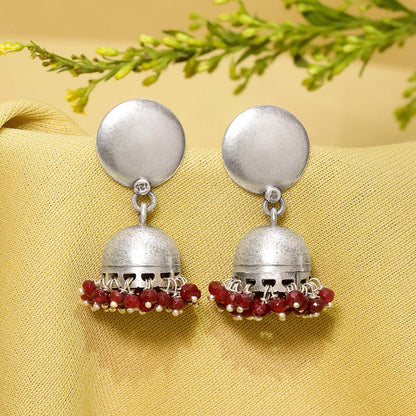 Traditional Red Beads Silver Jhumka Earrings - Tweov Jewels