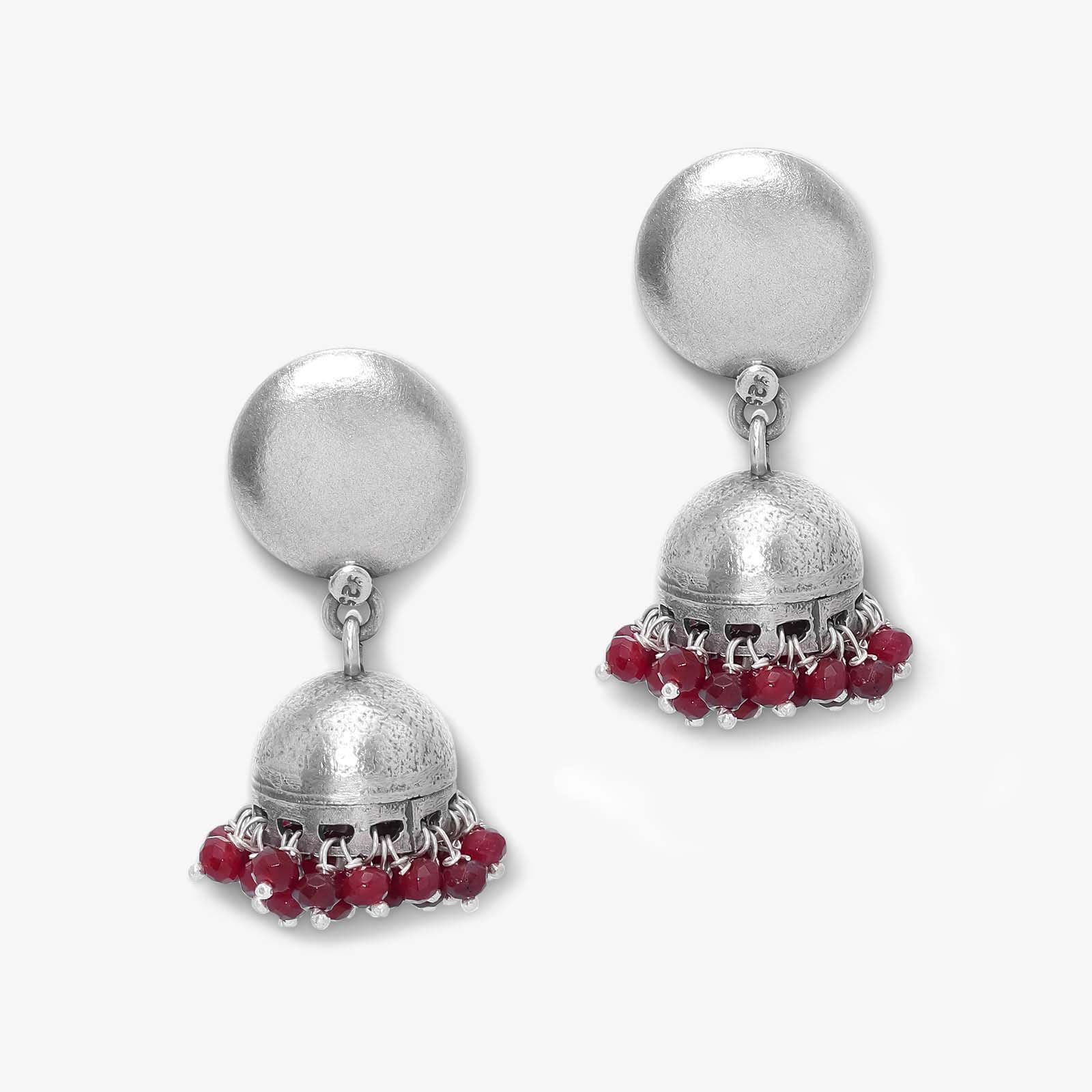 Traditional Red Beads Silver Jhumka Earrings - Tweov Jewels