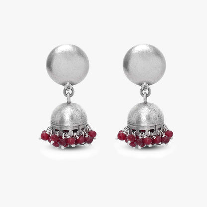 Traditional Red Beads Silver Jhumka Earrings - Tweov Jewels