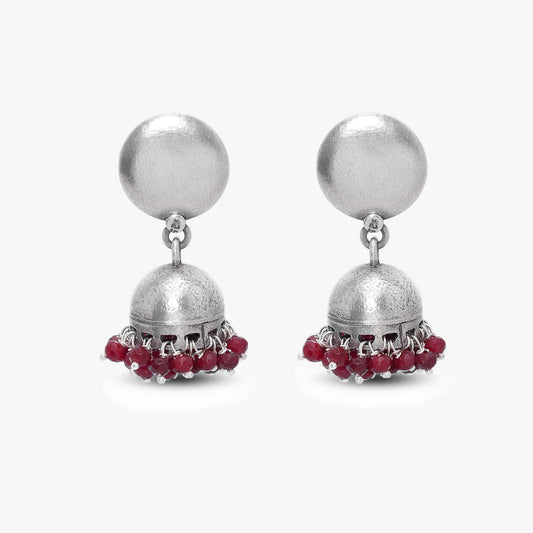 Traditional Red Beads Silver Jhumka Earrings