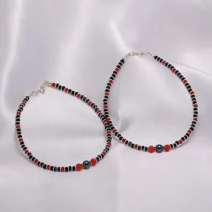 Ruby Charm and Black Beads 925 Sterling Silver Anklets