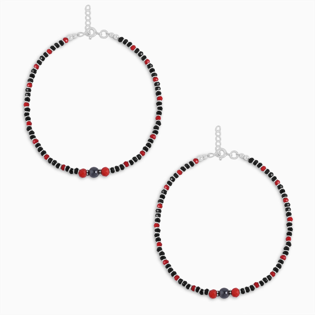 beaded anklets for girls - Pure Silver Anklet &#8211; Made With Red &amp; Black Beads