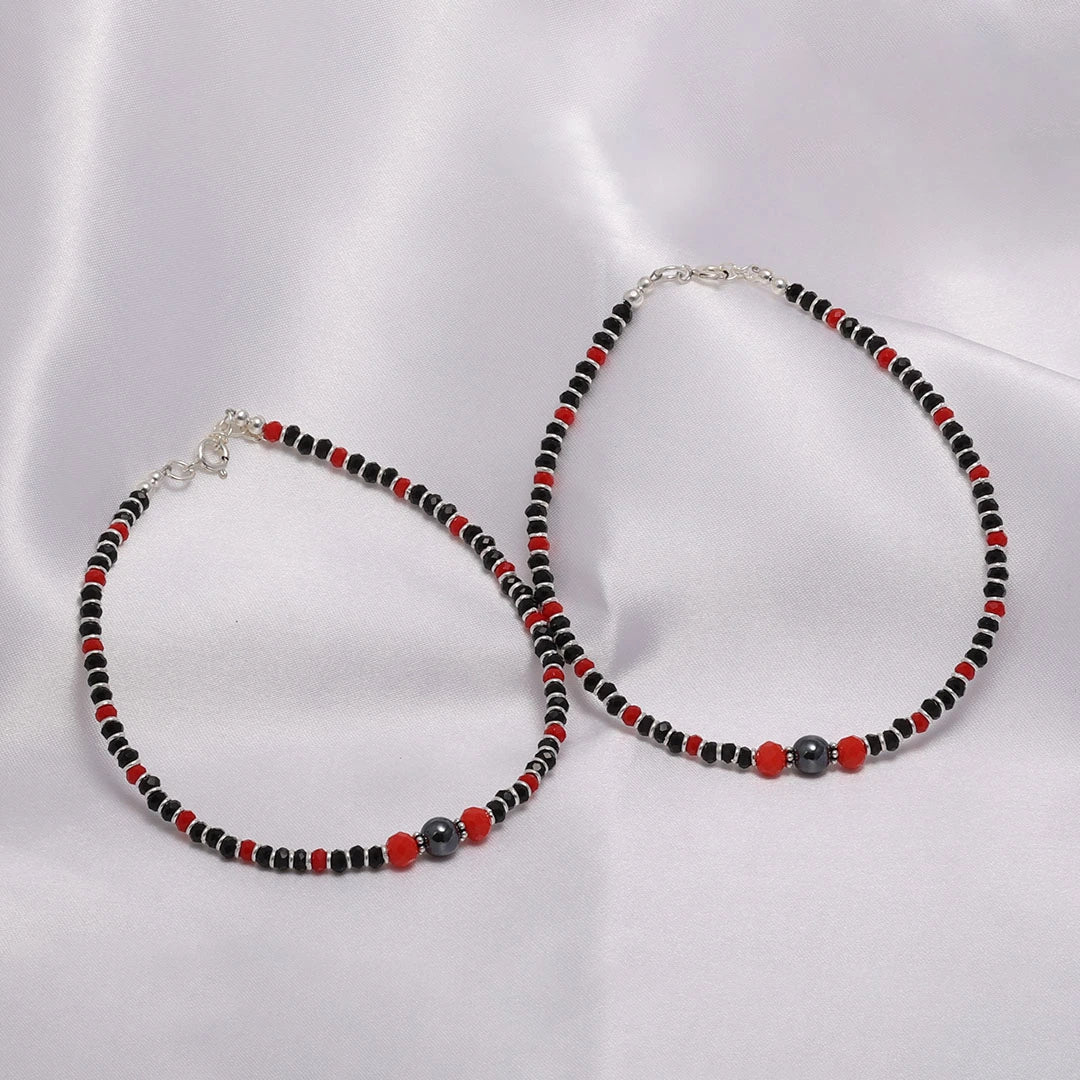 black beads anklets - Pure Silver Anklet &#8211; Made With Red &amp; Black Beads