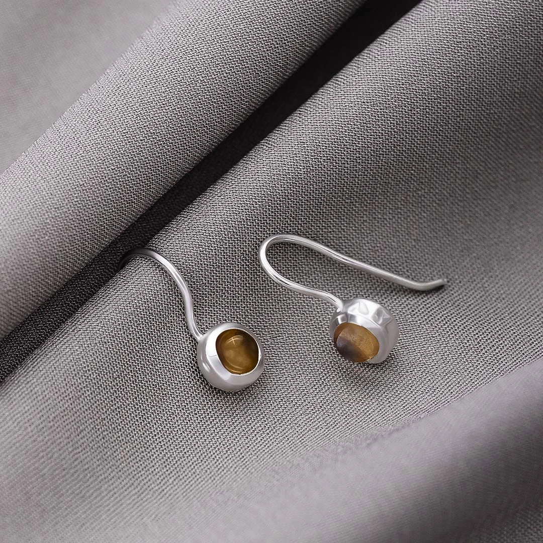Drop Earrings - Pure Silver Earrings &#8211; Garnished With Tiger-Eye Stone