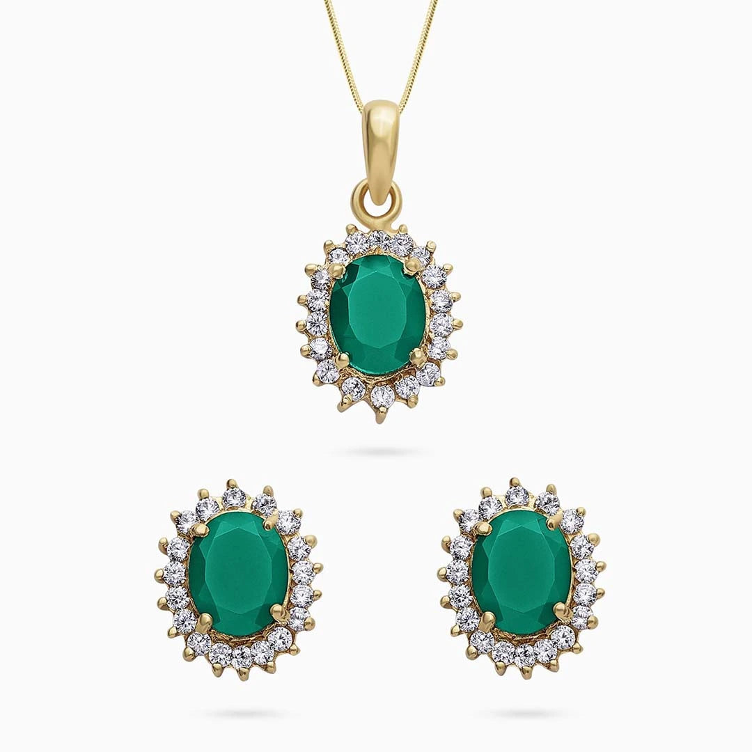 Neck Pieces - Pure Silver Jewellery Sets &#8211; Royal Emerald Earrings With CZ Pendant Set