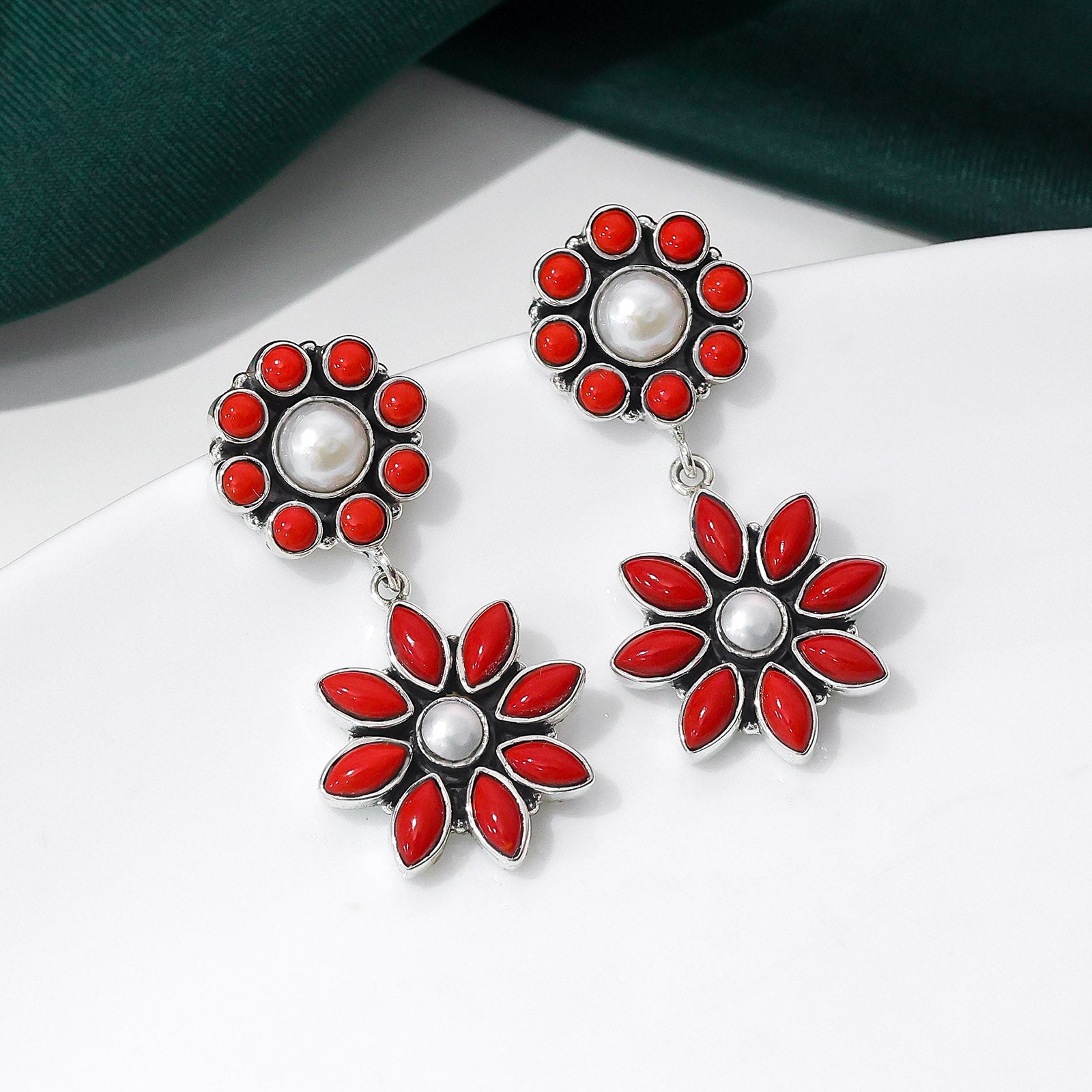 Pure Silver Earrings - Crimson Floral With Corals & Pearls - Tweov Jewels