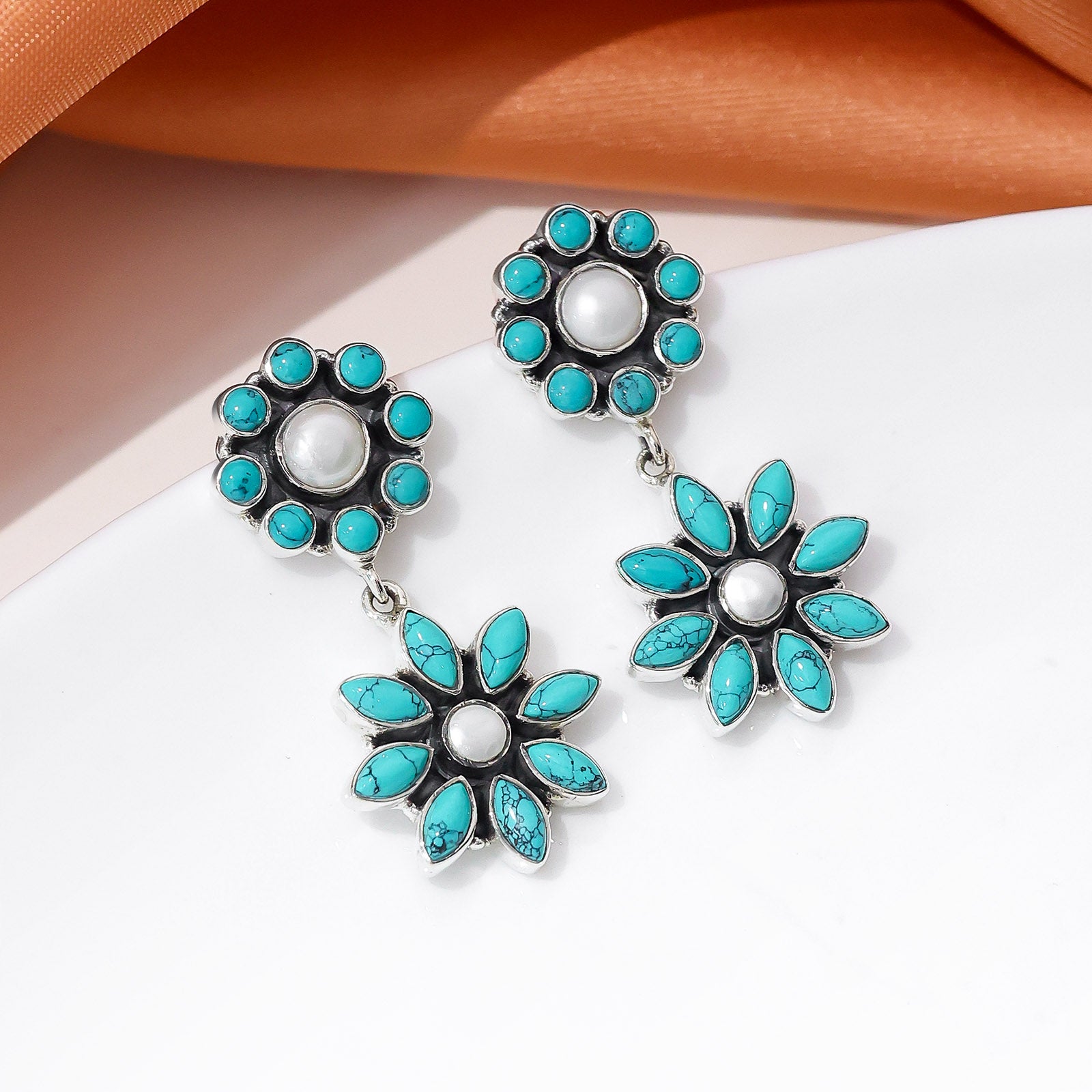 Pure Silver Earrings - Azure Bloom Howlite & Pearl - Tweov Jewels