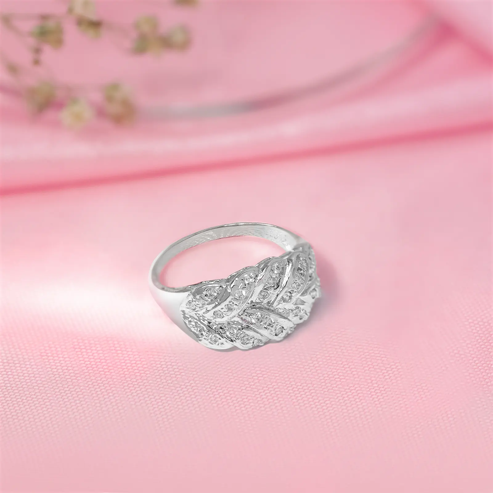 Cubic Zirconia Leaf Silver Ring