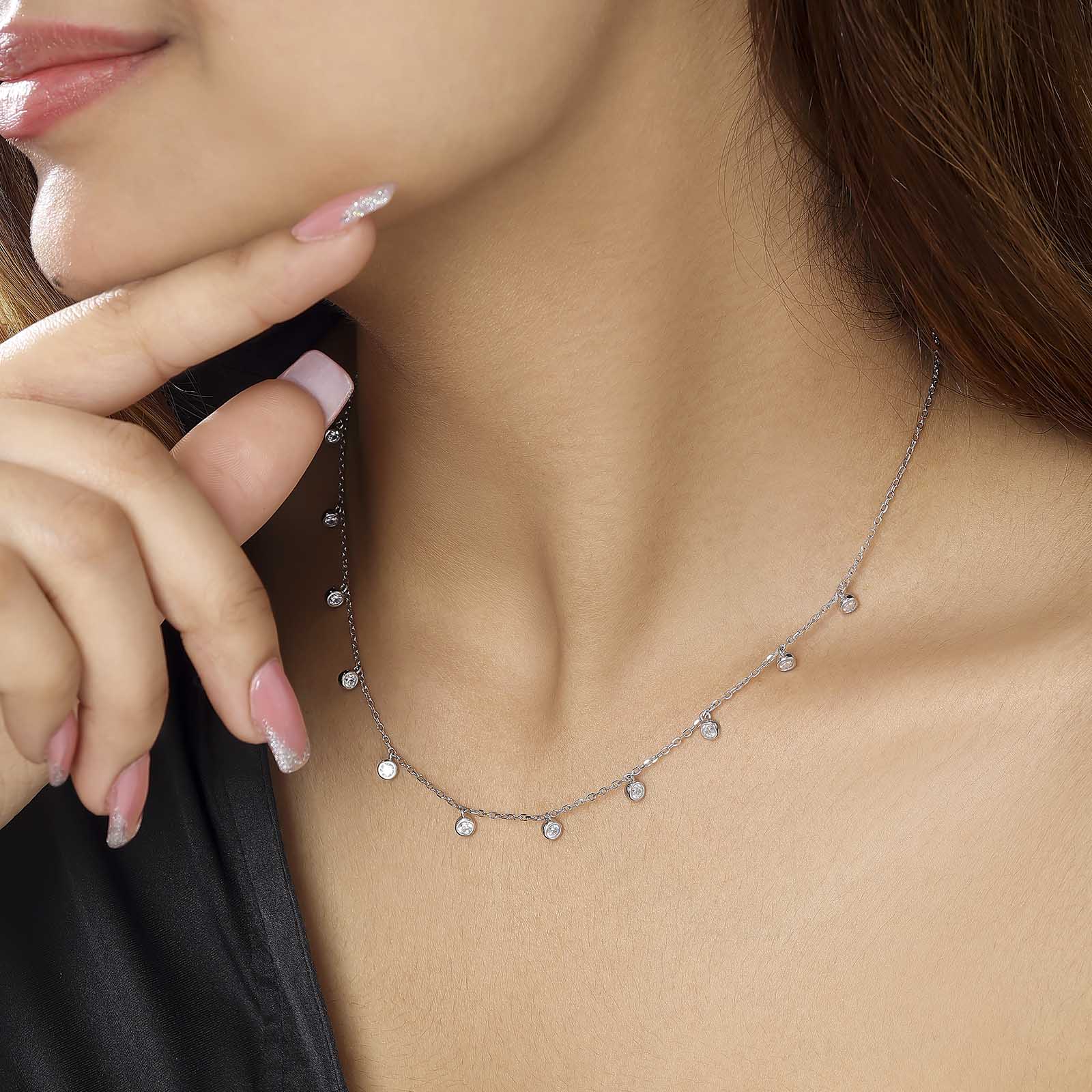 Uncategorized - CZ Bezel-Set Necklace For Women &#8211; 925 Sterling Silver Rhodium Plated