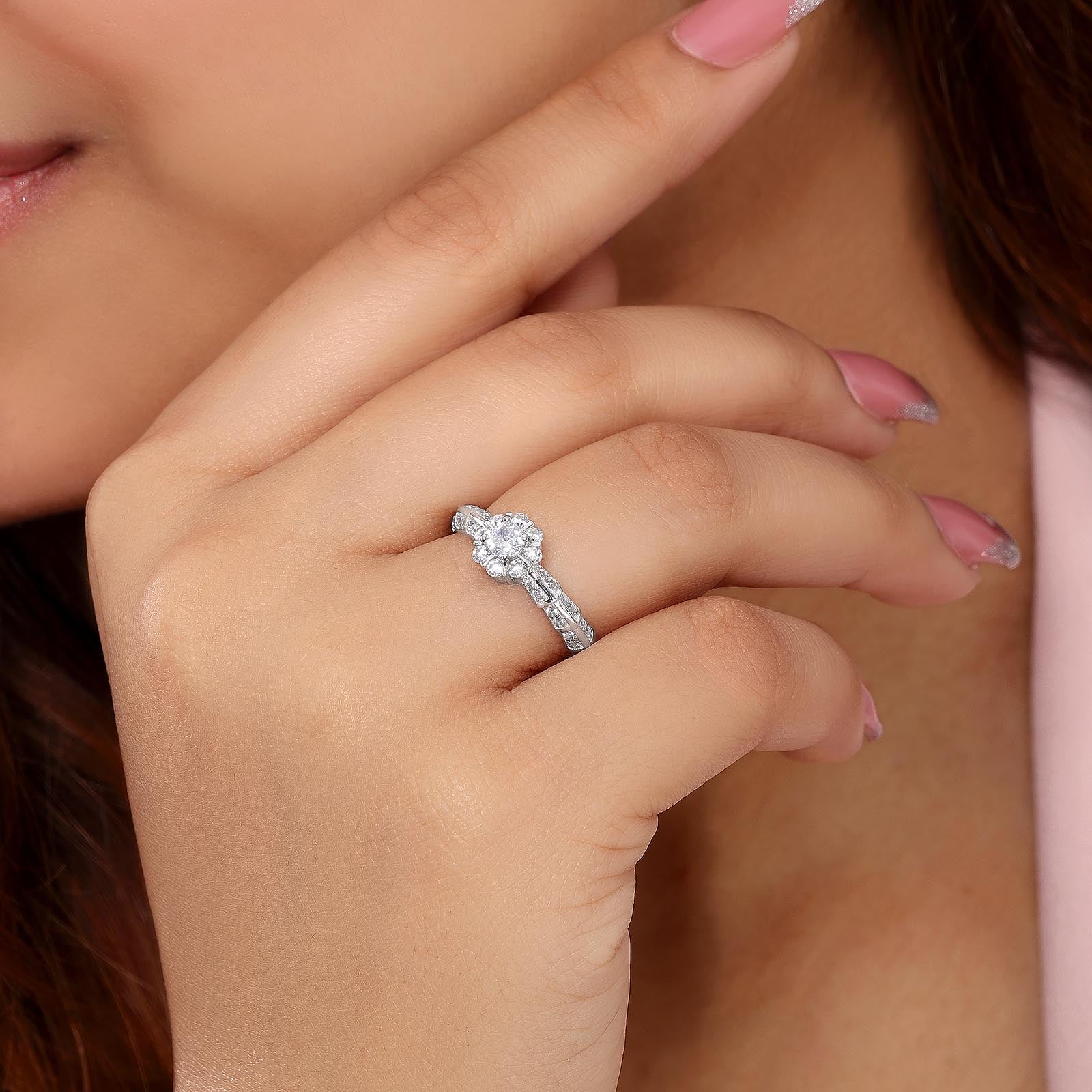 Uncategorized - Floral CZ Ring for Women – 925 Sterling Silver Rhodium-Plated