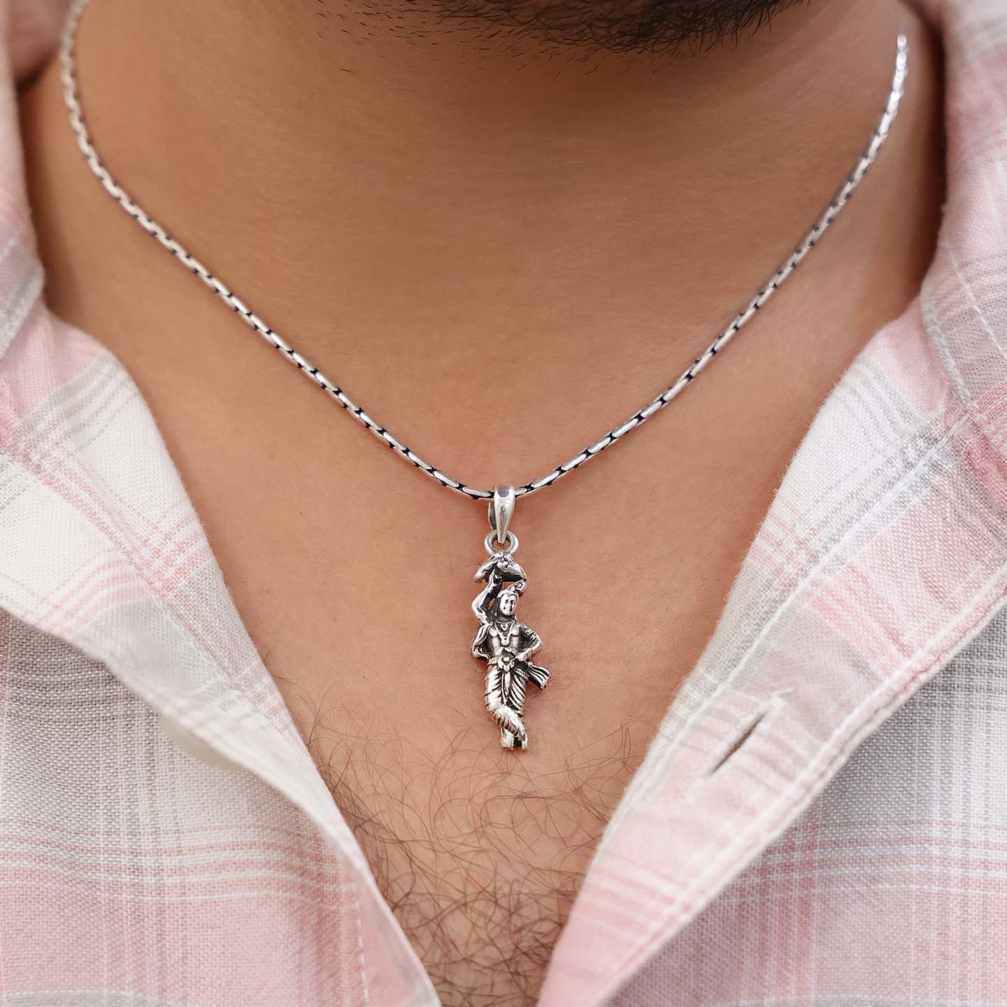 Spiritual Pendant - Pure Silver Pendant &#8211; Divine Radiance of Oxidised Lord Krishna