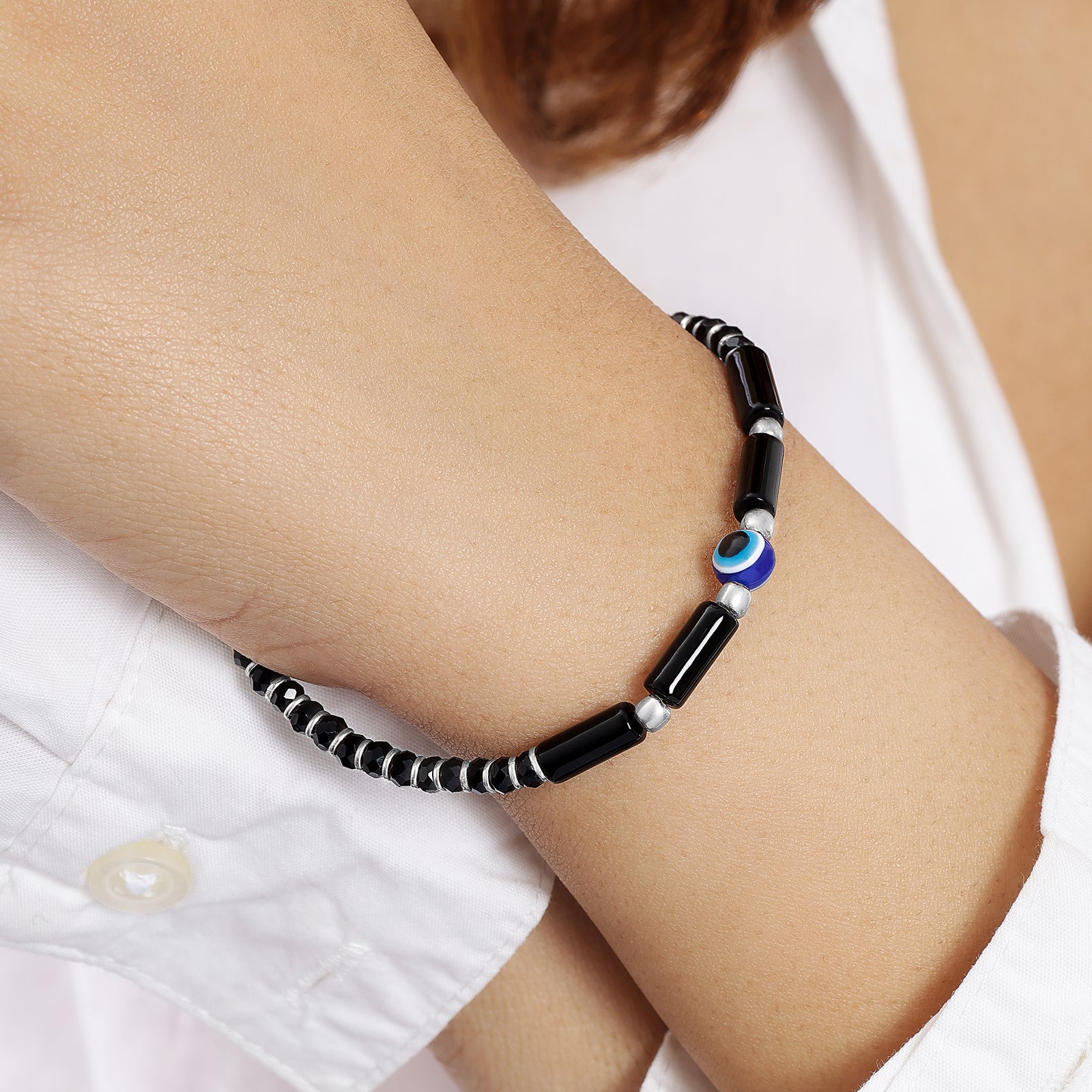 Silver Bracelets - Mystic Guard Black Crystal Evil Eye Pure Silver Bracelet