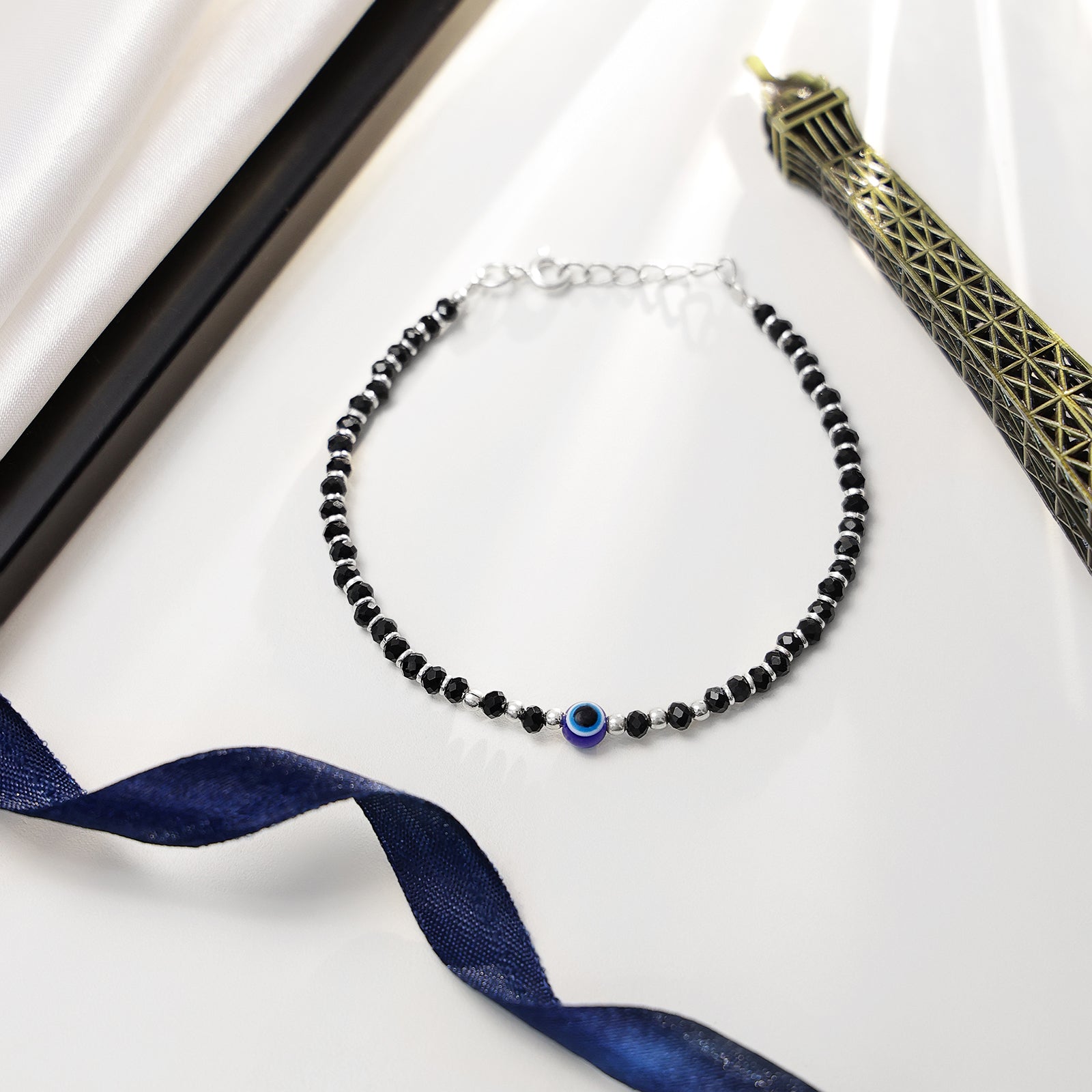 Silver Bracelets - Mystic Guard Black Crystal Evil Eye Pure Silver Bracelet