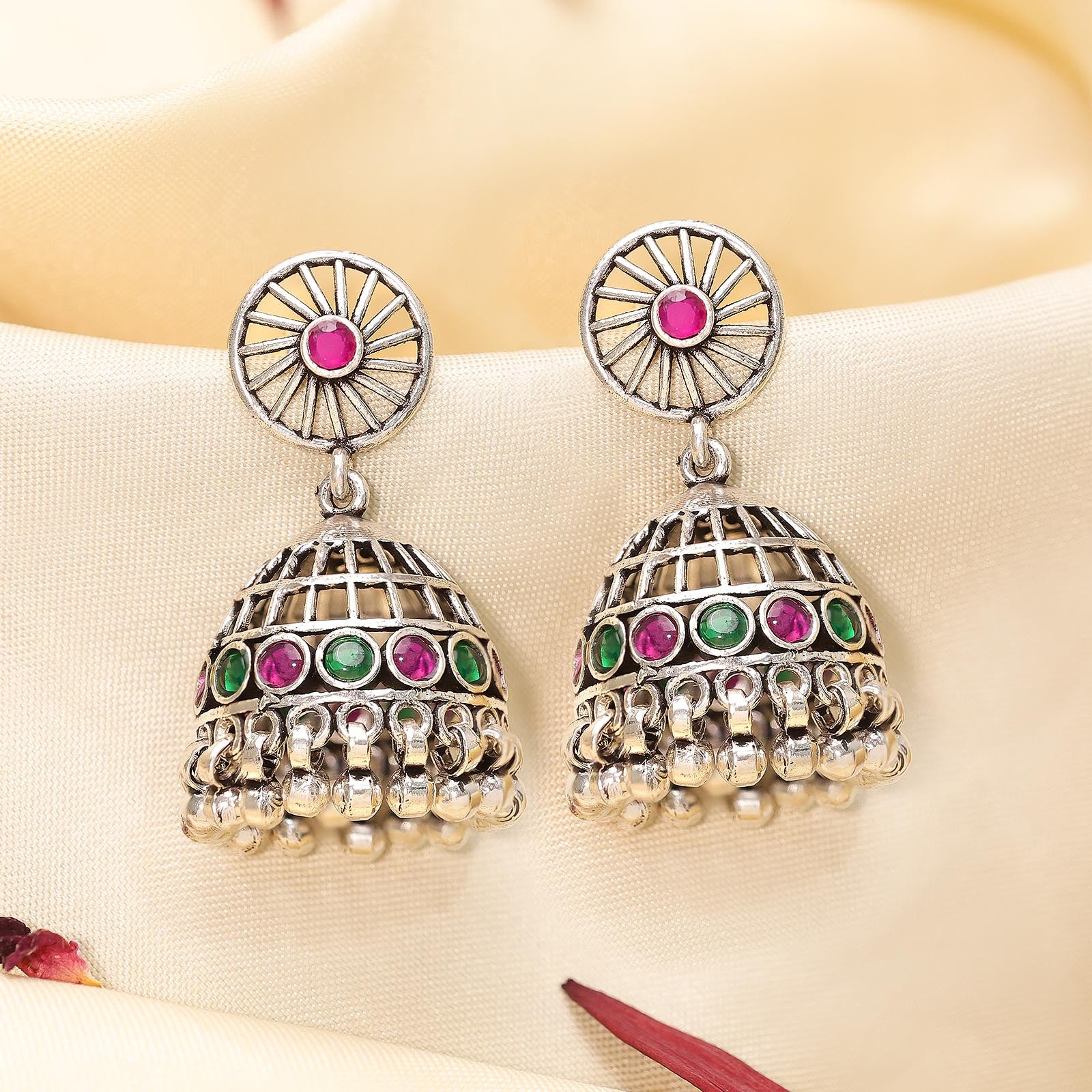Uncategorized - Pure 925 Silver Earrings – Jhumka in Gemstone Radiance