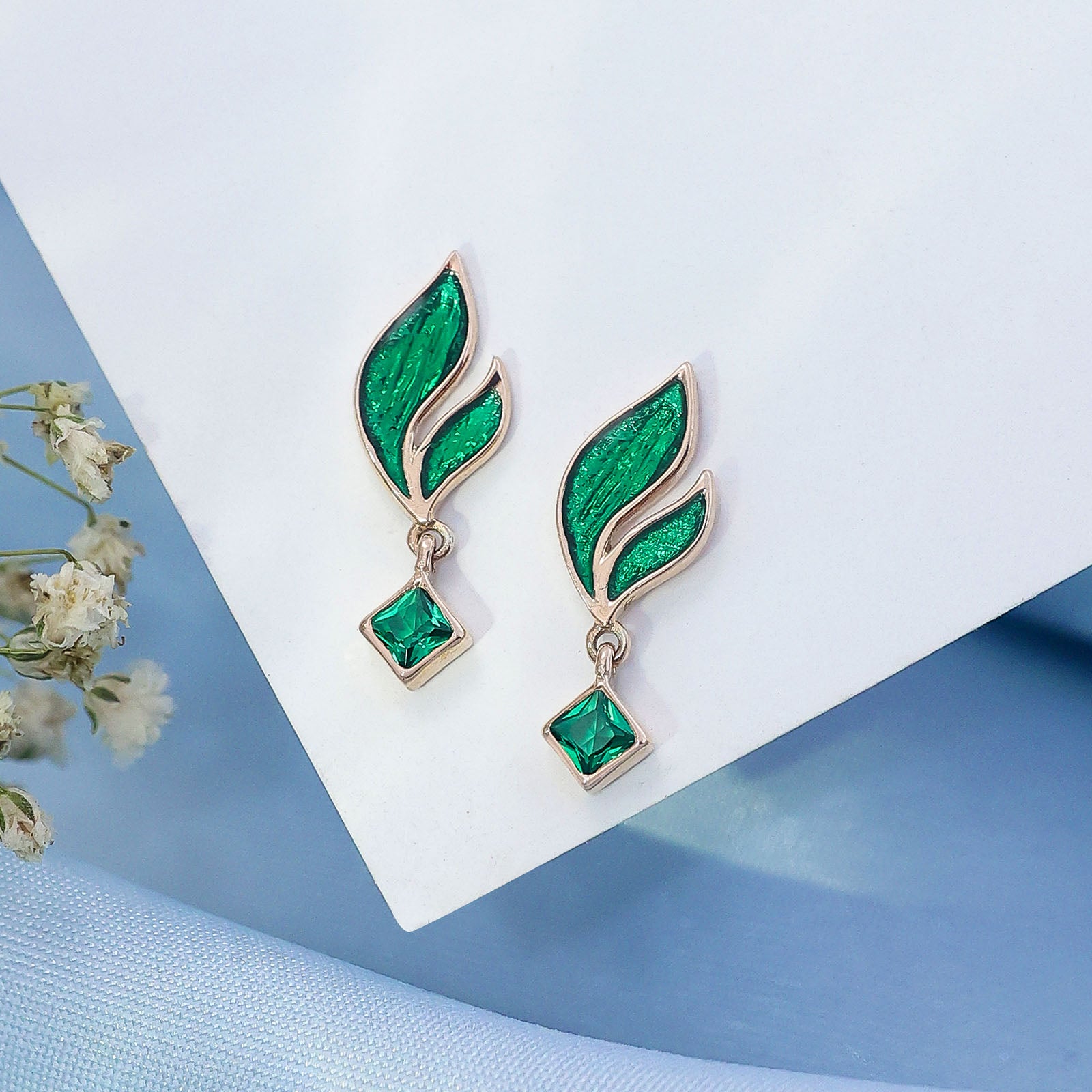 Silver Earrings - Pure 925 Silver Earrings &#8211;  Radiant Emerald Leaf Danglers