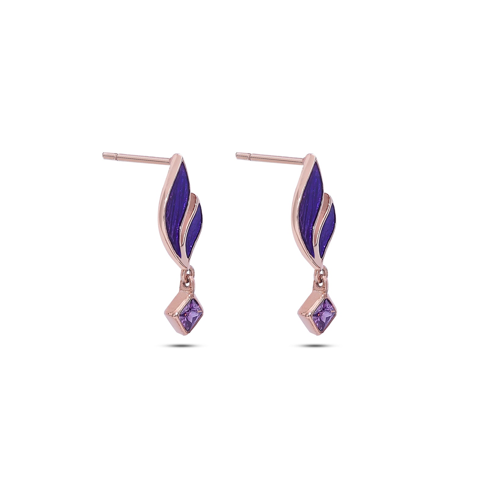 845 - Pure 925 rose gold Earrings &#8211;  Radiant violet Leaf Danglers