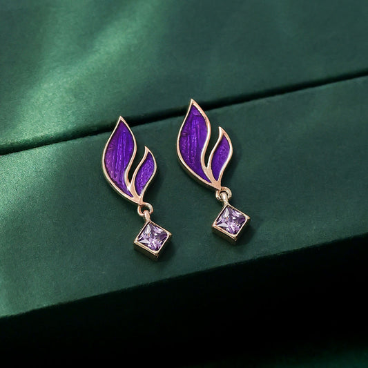 Silver Earrings - Pure 925 rose gold Earrings &#8211;  Radiant violet Leaf Danglers