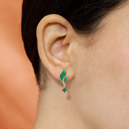 596 - Pure 925 Silver Earrings &#8211;  Radiant Emerald Leaf Danglers