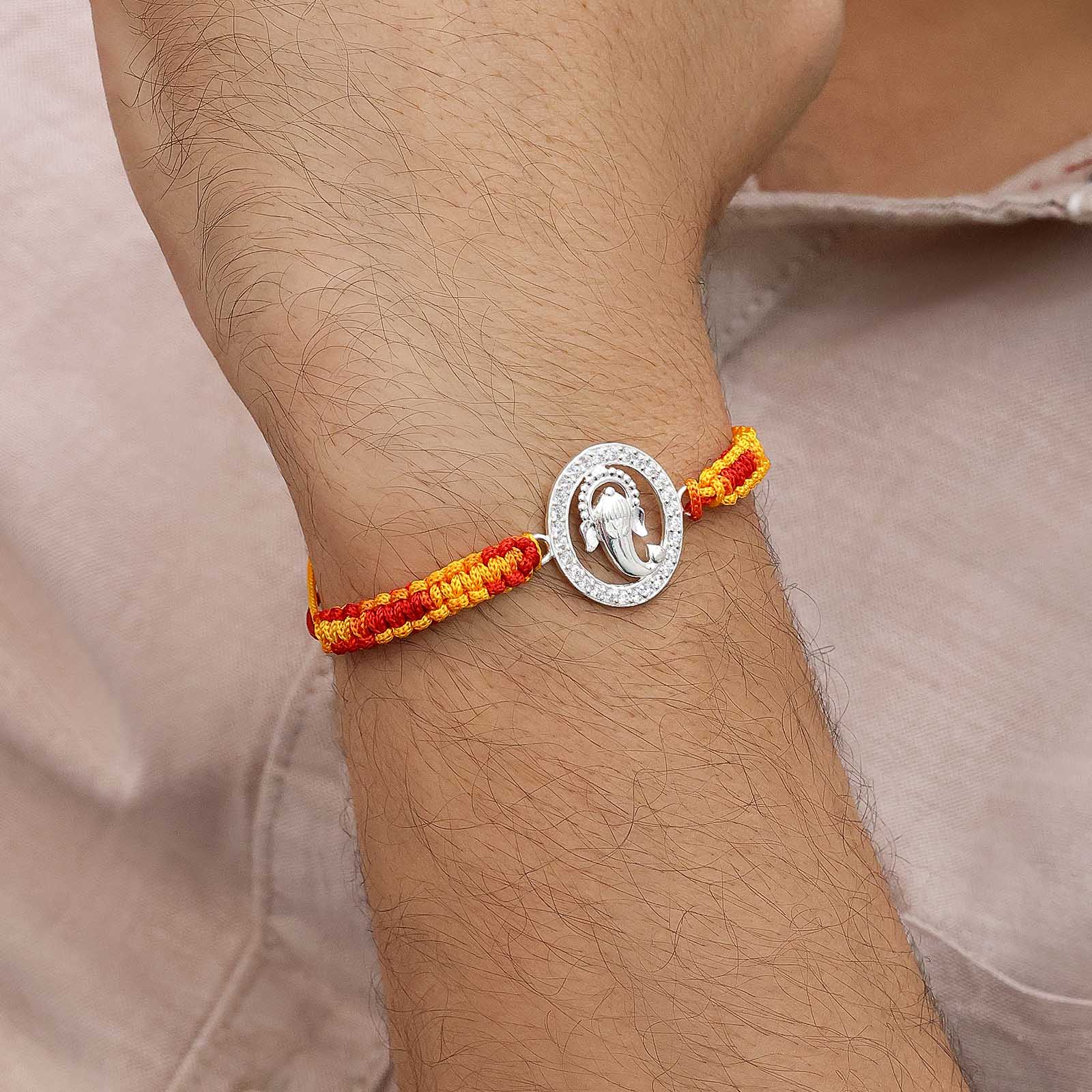 Pure 925 Silver Ganesh Pendant Rakhi Wrapped With CZ stones - Tweov Jewels