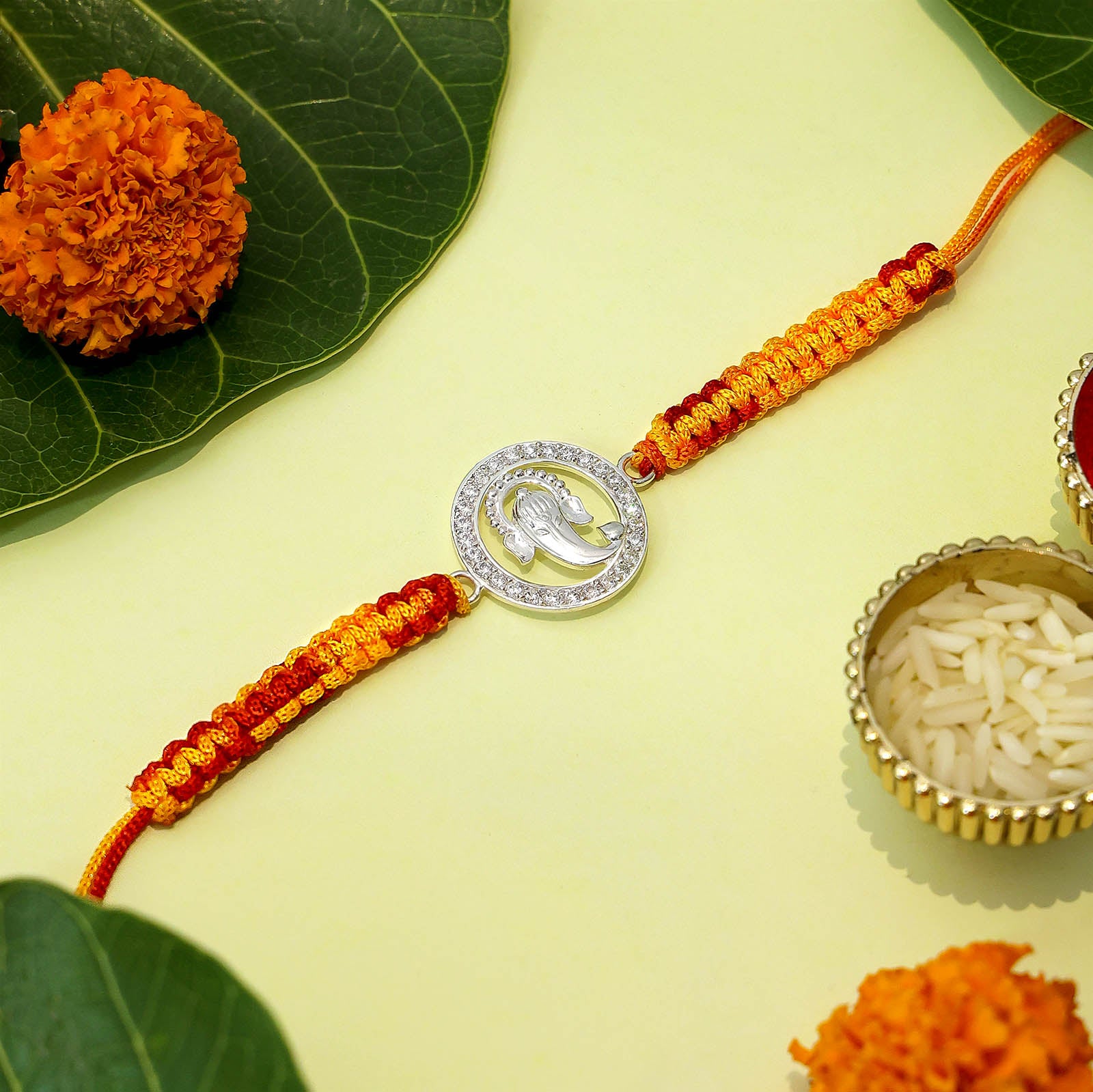 Pure 925 Silver Ganesh Pendant Rakhi Wrapped With CZ stones - Tweov Jewels