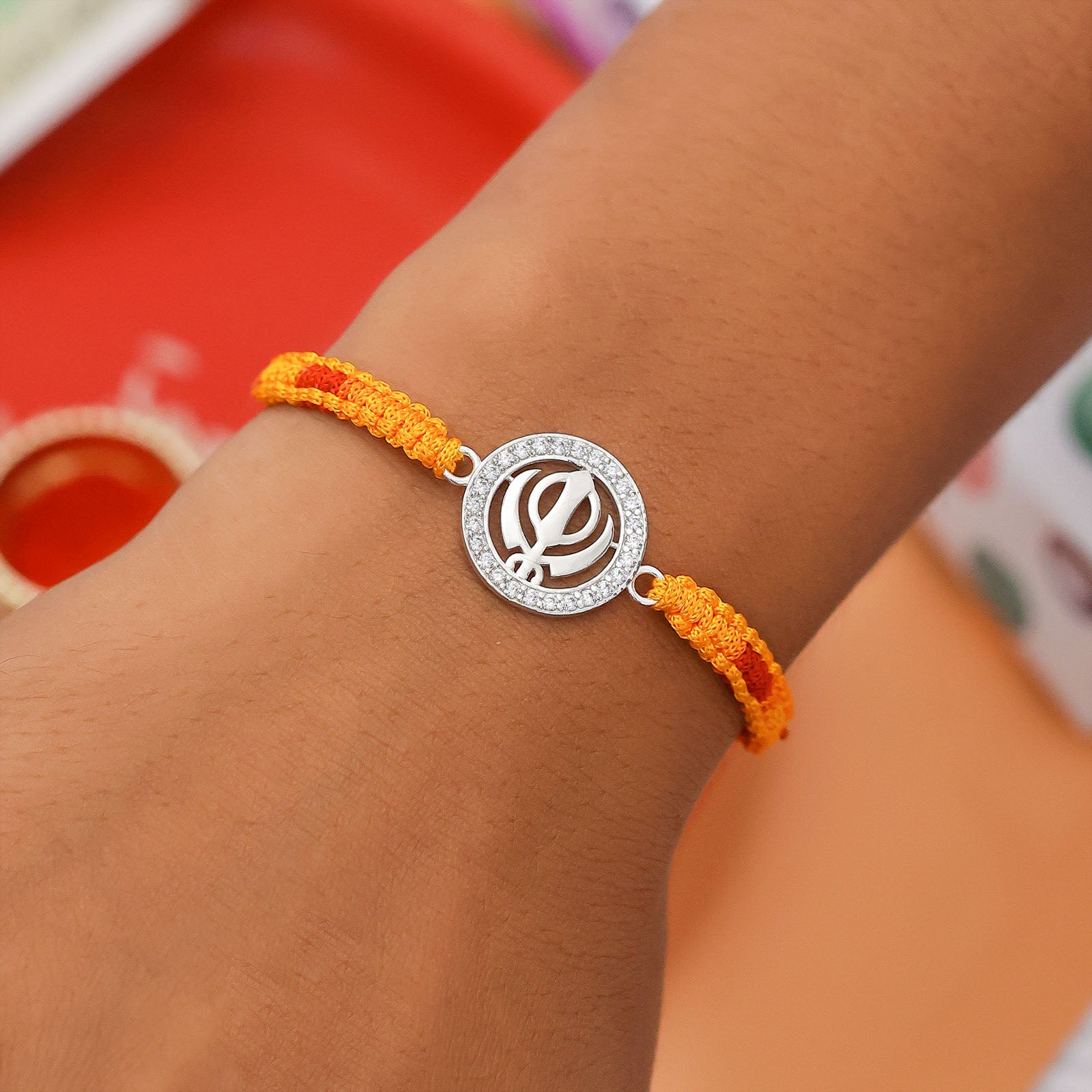Pure Silver Rakhi - Sleek Sikh Khanda on Multicolour Thread. - Tweov Jewels