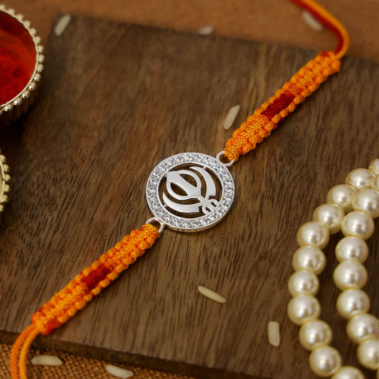 Pure Silver Rakhi - Sleek Sikh Khanda on Multicolour Thread. - Tweov Jewels