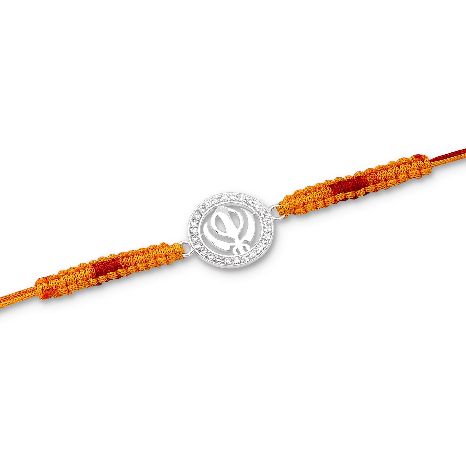 Pure Silver Rakhi - Sleek Sikh Khanda on Multicolour Thread. - Tweov Jewels