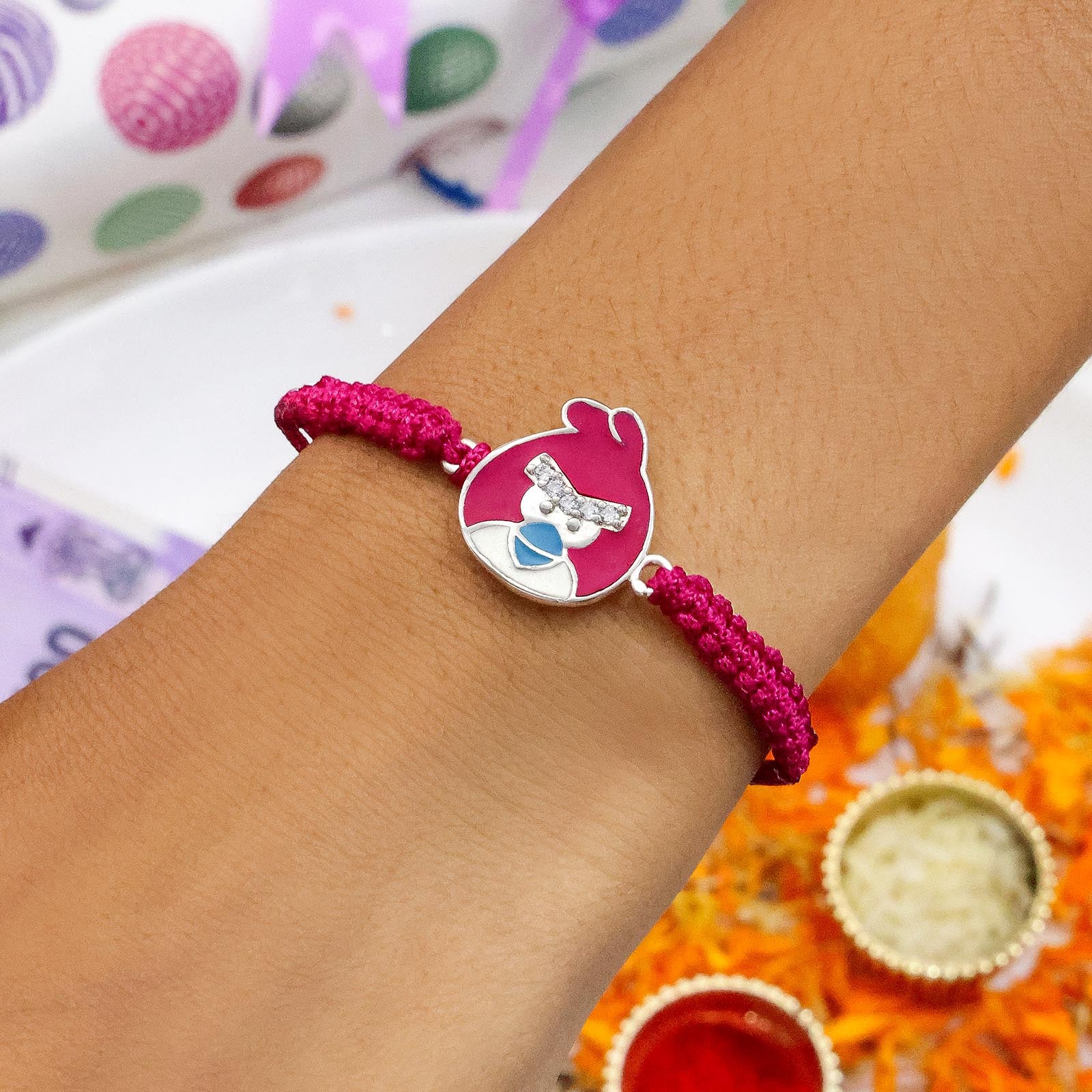 Pure 925 Silver Kids Rakhi - Red Angry Bird With Stones - Tweov Jewels