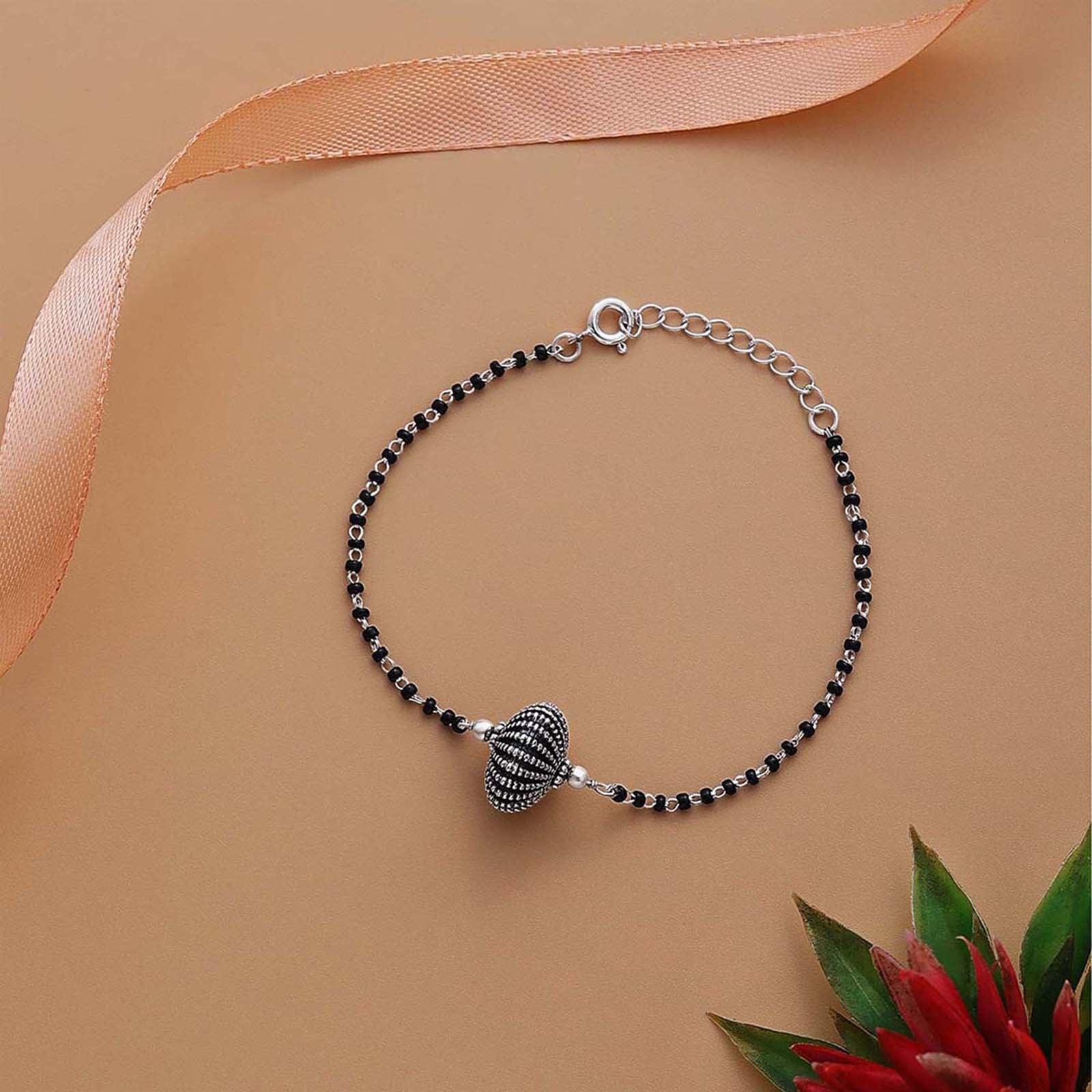 Silver Bracelets - Pure 925 Sterling Silver Bracelet with Black Beads Oxidized Globe Design