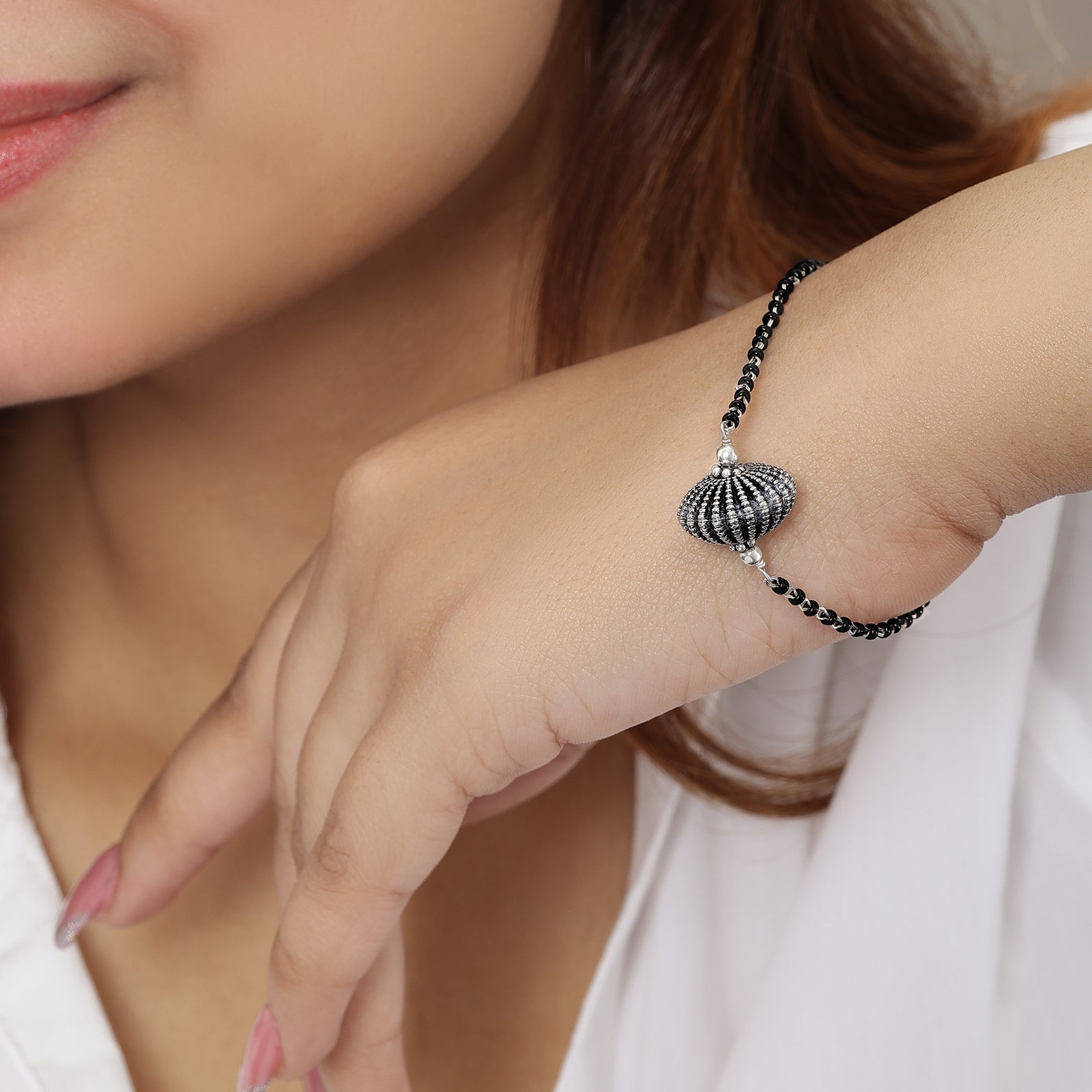Silver Bracelets - Pure 925 Sterling Silver Bracelet with Black Beads Oxidized Globe Design