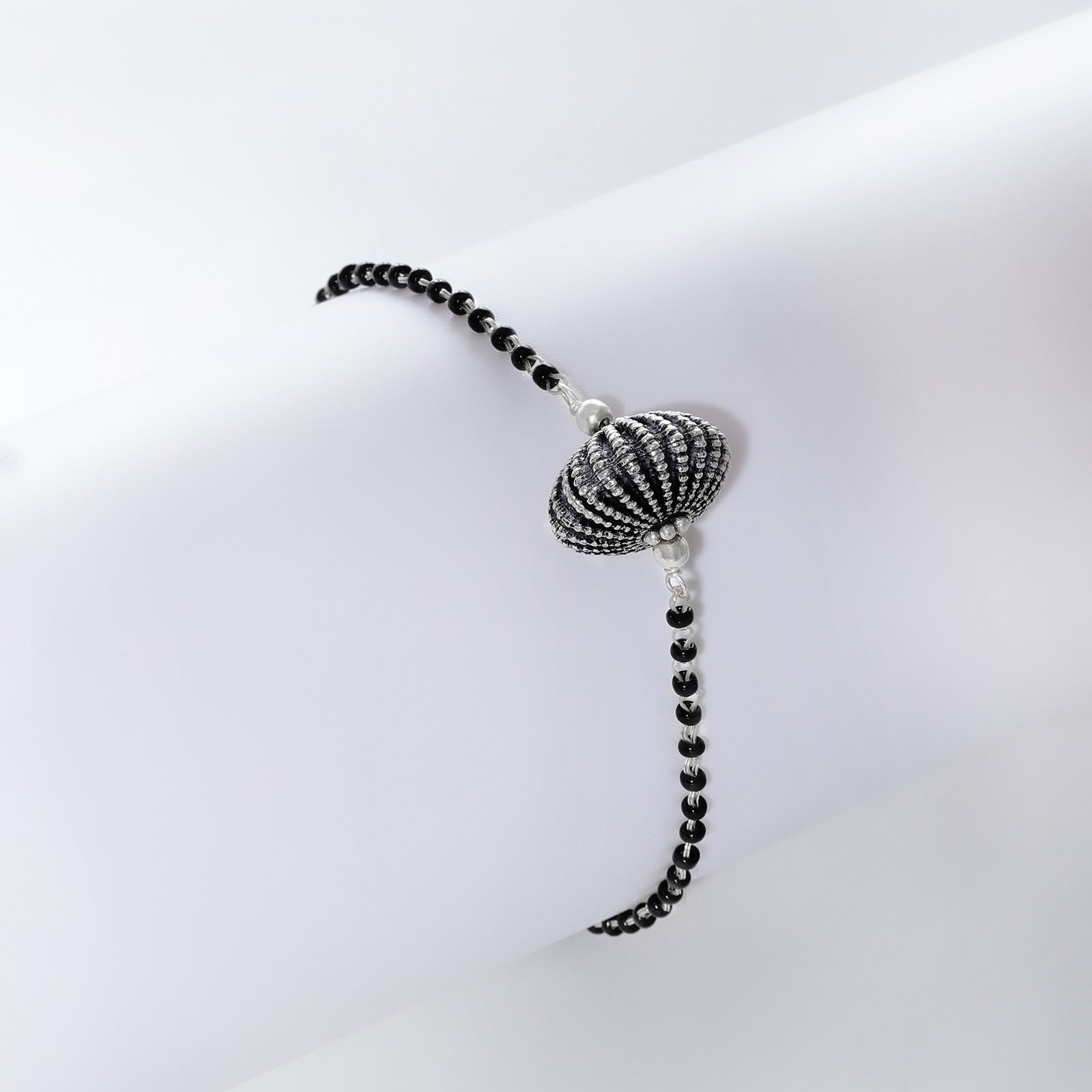 Silver Bracelets - Pure 925 Sterling Silver Bracelet with Black Beads Oxidized Globe Design