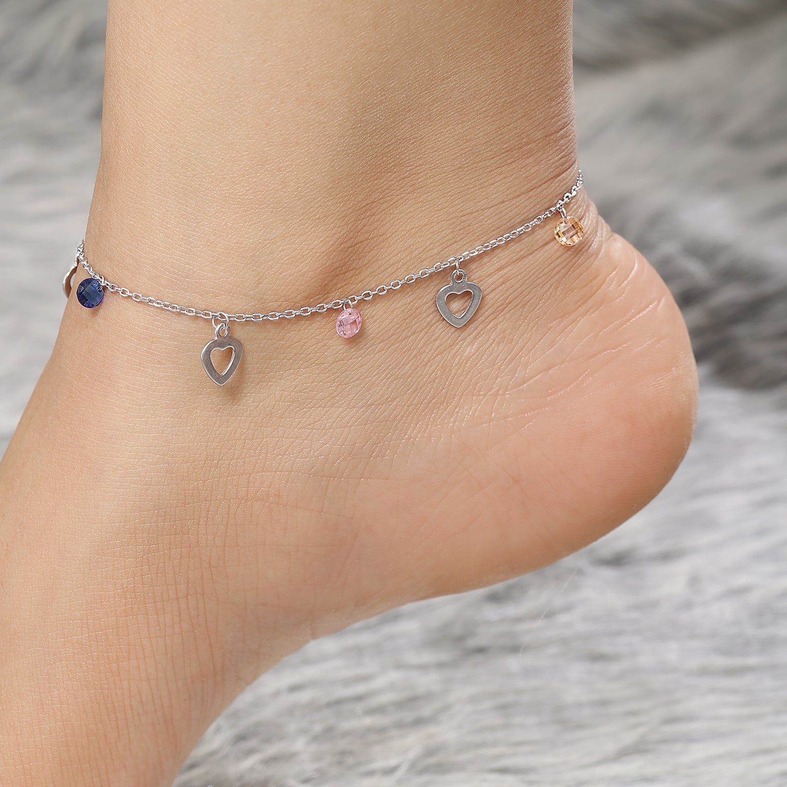 Silver Anklets For Women - Pure Silver Anklets &#8211; Heart &amp; Multi Stone Charm Anklets