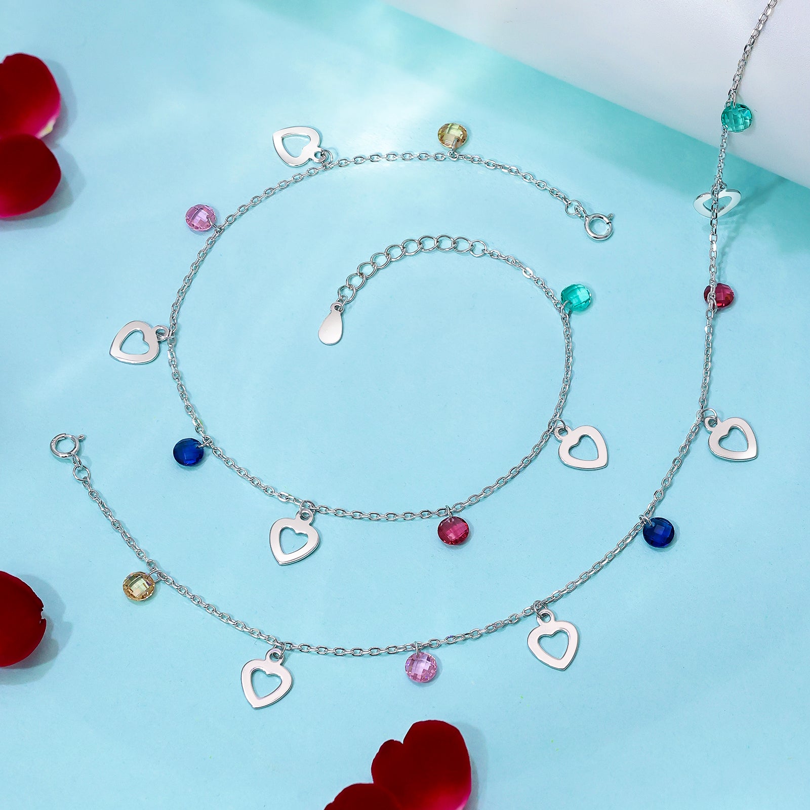 Silver Anklets For Women - Pure Silver Anklets &#8211; Heart &amp; Multi Stone Charm Anklets