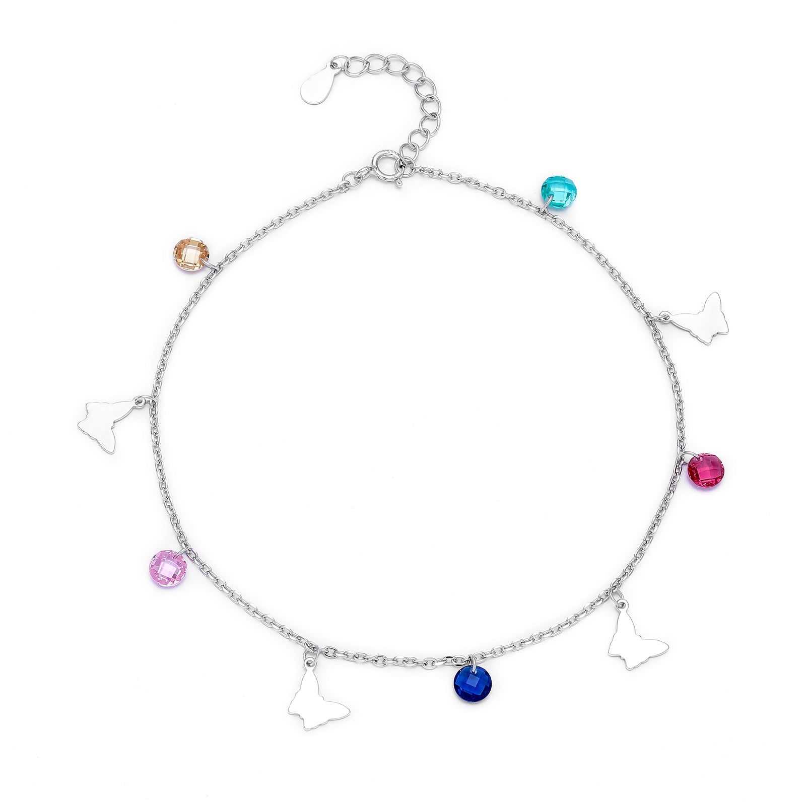Silver anklets - Pure Silver Anklets With Butterfly Charms &#038; Multi-Color Stones