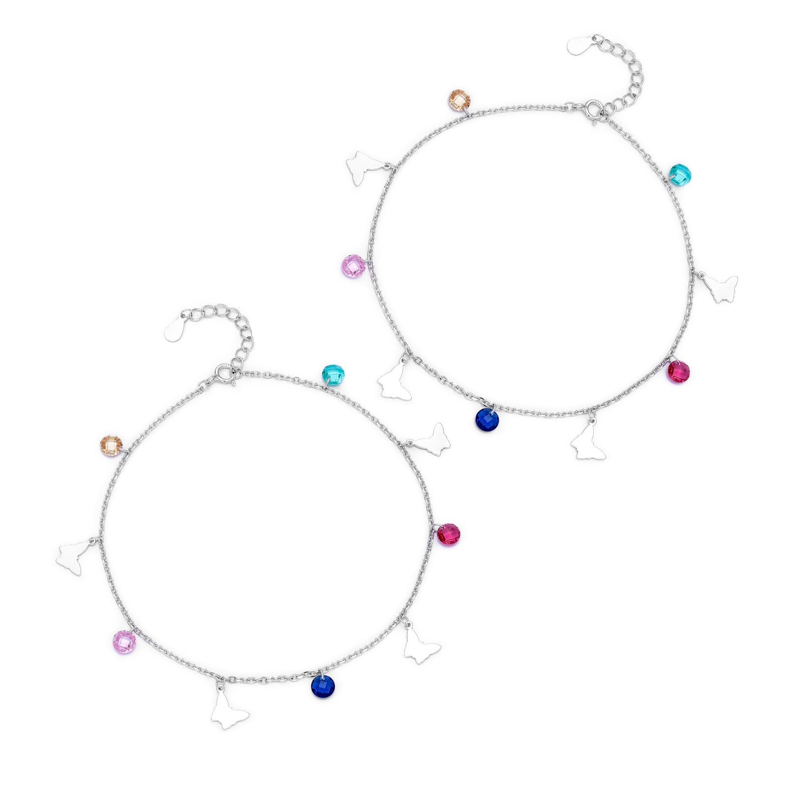 Silver anklets - Pure Silver Anklets With Butterfly Charms &#038; Multi-Color Stones