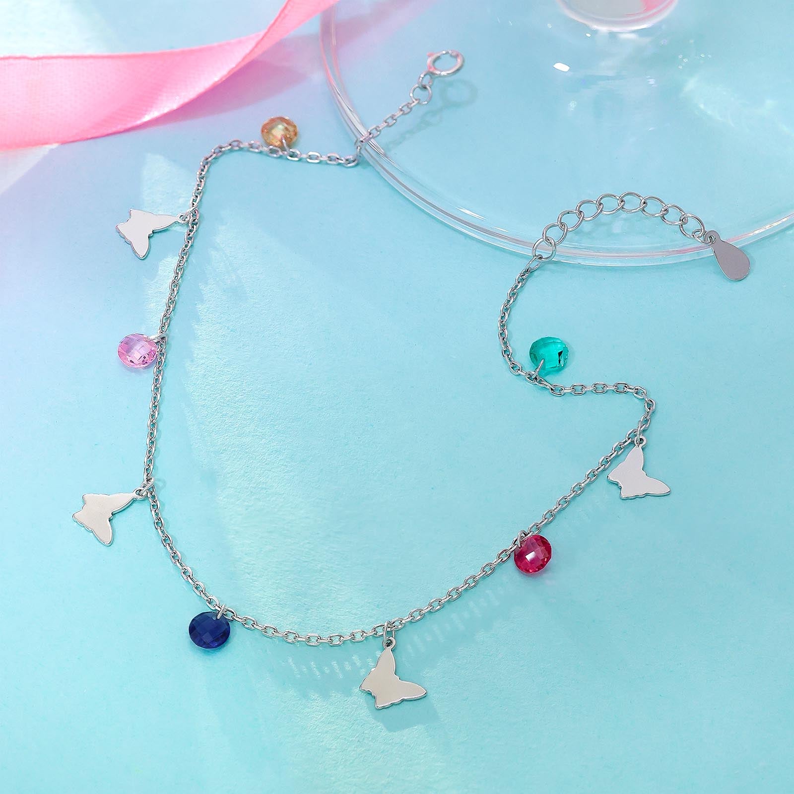 Silver anklets - Pure Silver Anklets With Butterfly Charms &#038; Multi-Color Stones