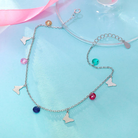 Silver anklets - Pure Silver Anklets With Butterfly Charms &#038; Multi-Color Stones