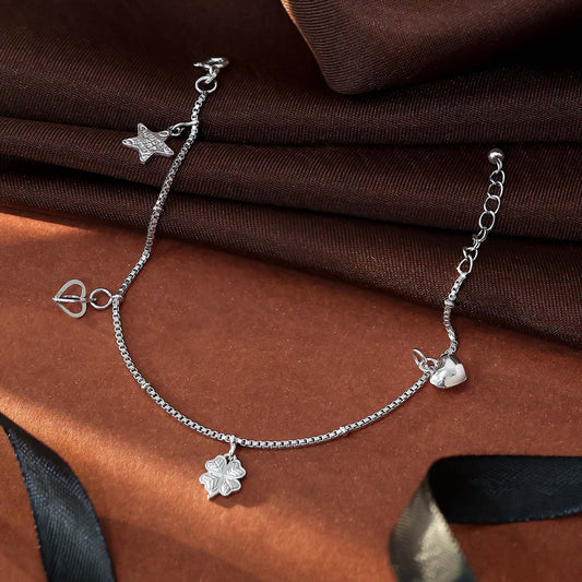 Pure Silver Bracelet for Men &amp; Women - Silver Bracelet for Women &#8211; Chain Bracelet with Hanging Charms