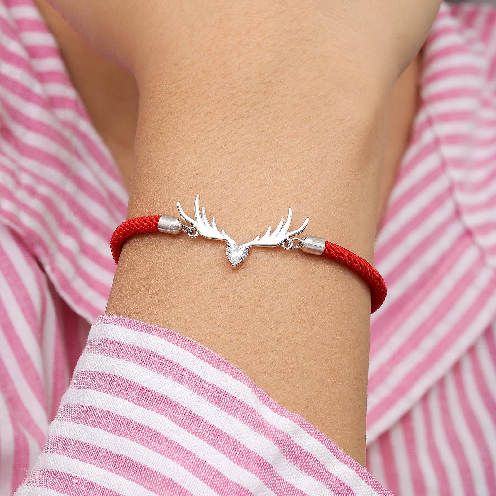 Pure Silver Bracelet for Men &amp; Women - Pure Silver Bracelet &#8211; Deer Horn with Sturdy Red Thread