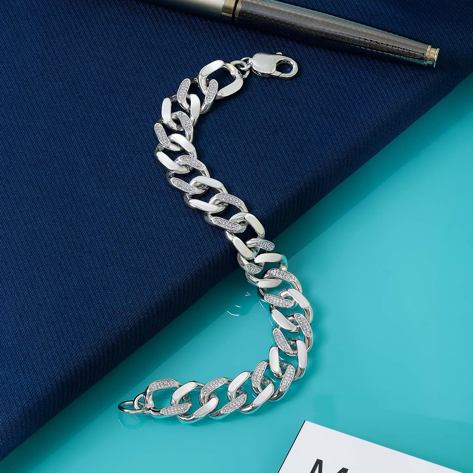Mens silver bracelets - Pure Silver Bracelet for Men &#8211; Glimmering Chain of Polished CZ