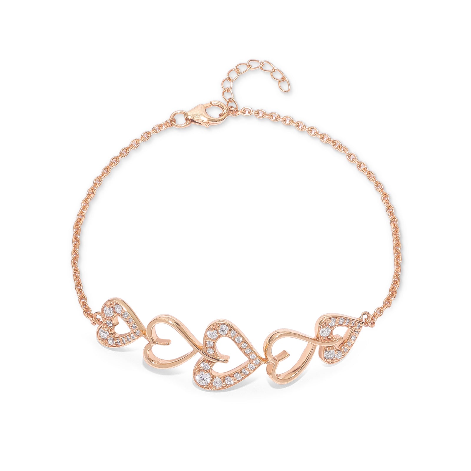 Uncategorized - Pure Silver Bracelet &#8211; Rose Gold Hearts With CZ Shimmer