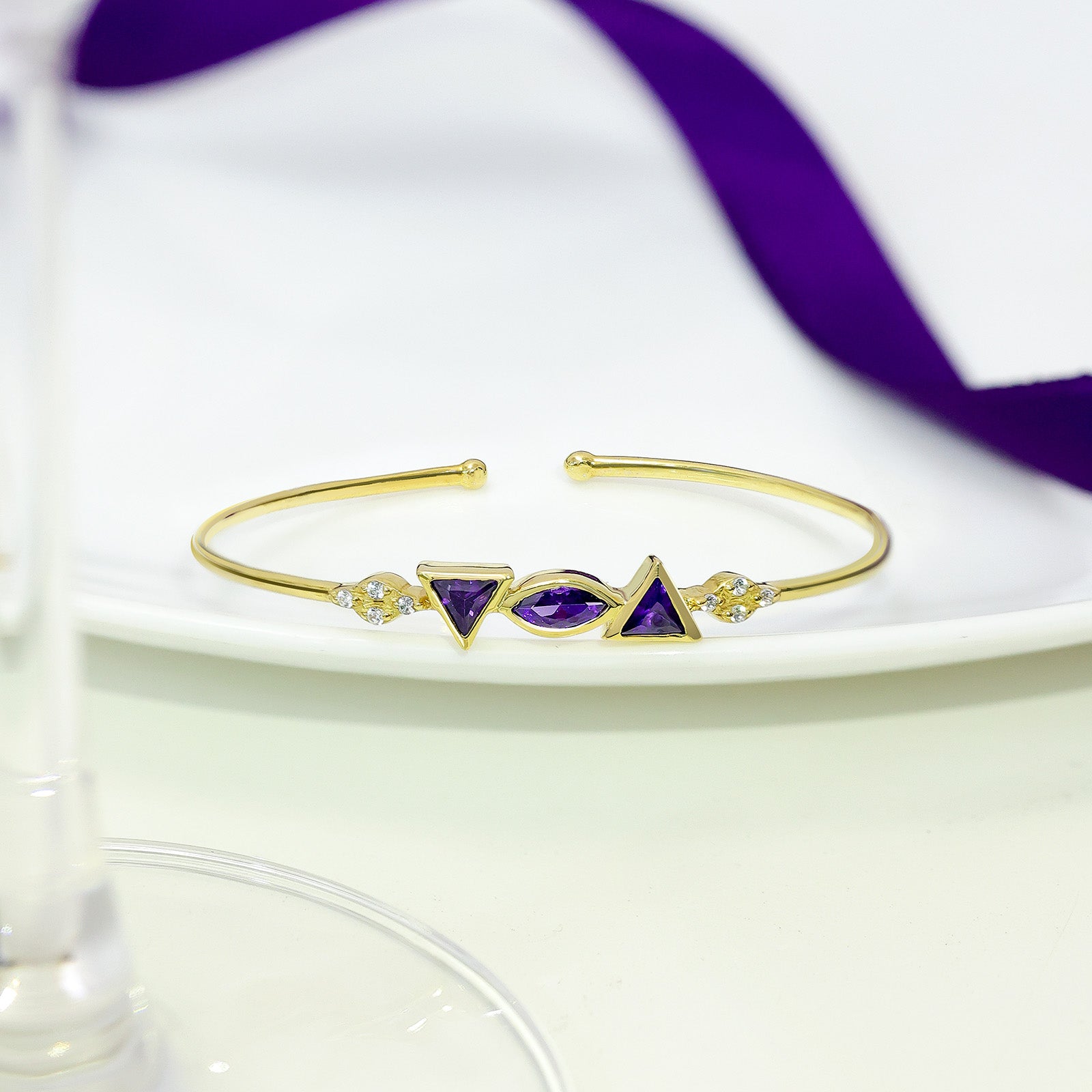 Pure Silver Bracelet for Men &amp; Women - Silver Bracelet for Women &#8211; Triangular Allure Amethyst Cuff