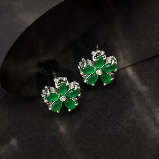 Silver Earrings - Pure Silver Earrings &#8211; Emerald Elegance in Floral Petals