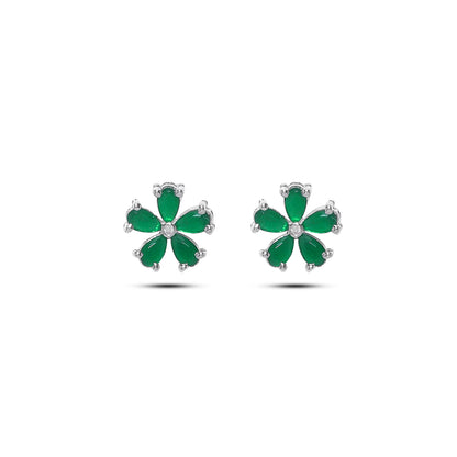 Silver stud - Pure Silver Earrings &#8211; Emerald Elegance in Floral Petals